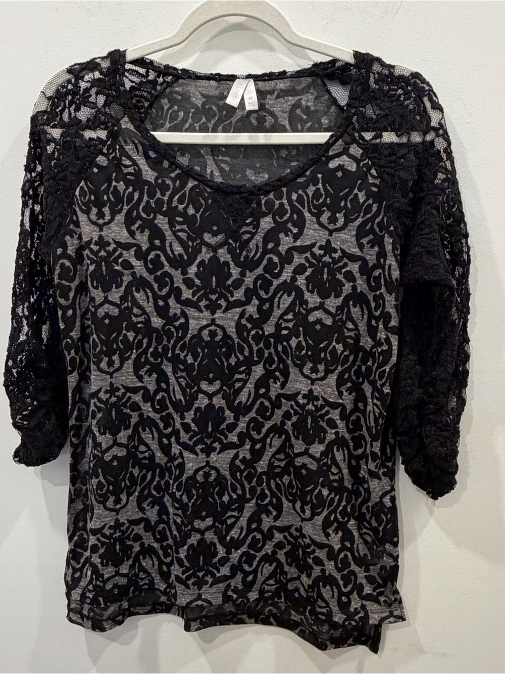 Vanity Y2K Black Lace 3/4 sleeve burnout tee whimsigoth grunge thin stretch